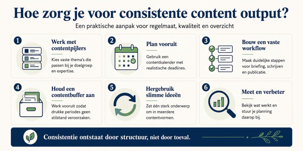 Infographic over hoe je consistente content output bereikt met planning en workflow